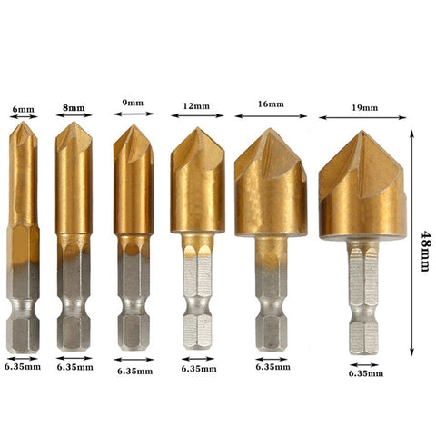 Hexagonal Handle Titanium-Plated Five-Blade Chamer 90 Degree Chamfer Knife Drill, Five-Blade