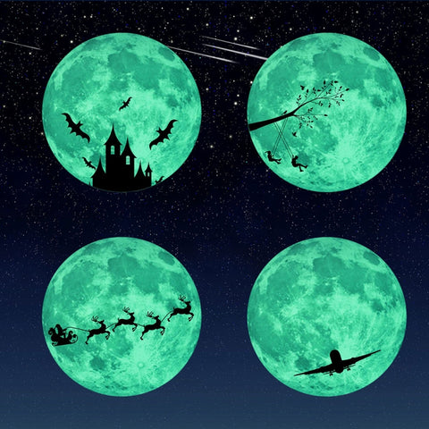 30cm Luminous Moon Wall Sticker Fluorescent Mural, Elk Sled, Swing Under The Tree, Airplane, Moon Castle, Tree Branches