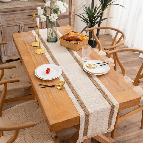Cotton and Linen Woven Colorblock Tassel Striped Rhombus Table Runner, 30x120cm, 30x140cm, 30x160cm, 30x180cm, 30x200cm, 30x220cm, 30x240cm, 30x275cm, 30x300cm, 30x50cm