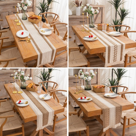 Cotton and Linen Woven Colorblock Tassel Striped Rhombus Table Runner, 30x120cm, 30x140cm, 30x160cm, 30x180cm, 30x200cm, 30x220cm, 30x240cm, 30x275cm, 30x300cm, 30x50cm