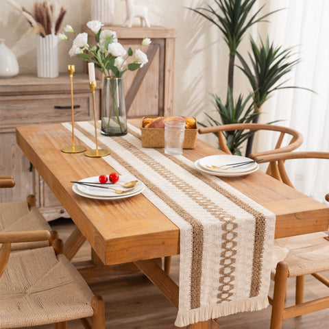 Cotton and Linen Woven Colorblock Tassel Striped Rhombus Table Runner, 30x120cm, 30x140cm, 30x160cm, 30x180cm, 30x200cm, 30x220cm, 30x240cm, 30x275cm, 30x300cm, 30x50cm