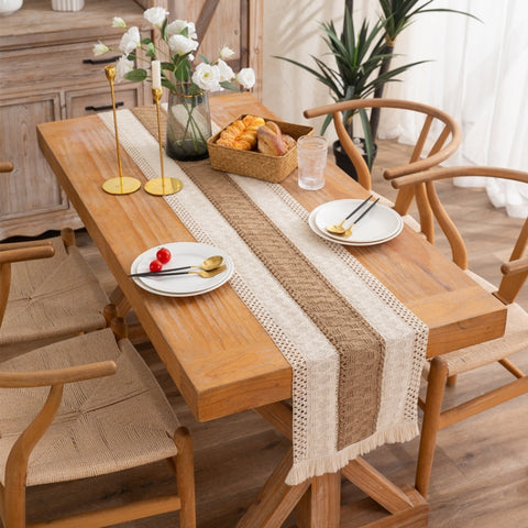 Cotton and Linen Woven Colorblock Tassel Striped Rhombus Table Runner, 30x120cm, 30x140cm, 30x160cm, 30x180cm, 30x200cm, 30x220cm, 30x240cm, 30x275cm, 30x300cm, 30x50cm