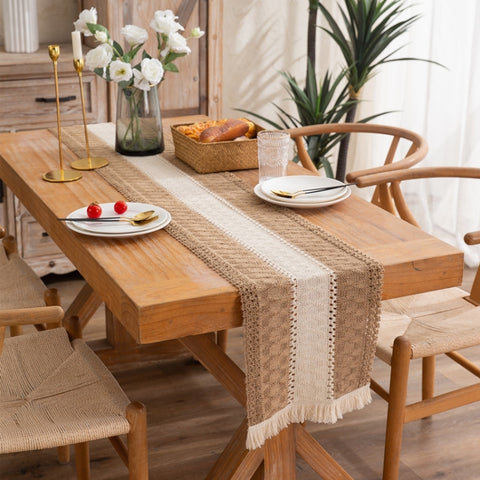 Cotton and Linen Woven Colorblock Tassel Striped Rhombus Table Runner, 30x120cm, 30x140cm, 30x160cm, 30x180cm, 30x200cm, 30x220cm, 30x240cm, 30x275cm, 30x300cm, 30x50cm