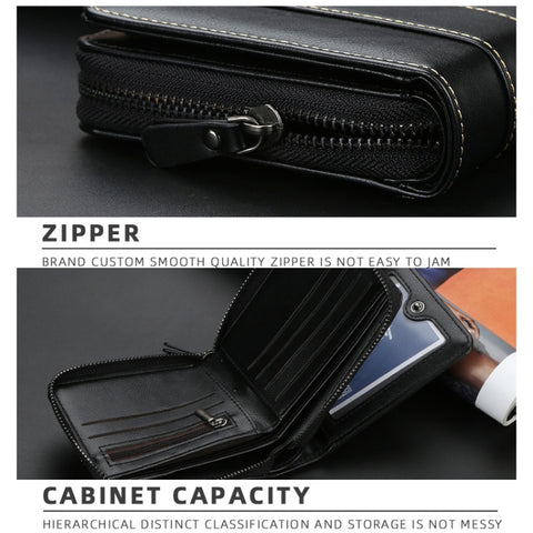 Baellerry Men Short Wallet Buckle Multi-card Coin Purse Tri-fold Zip Wallet, Black, Light-coffee, Dark Coffee