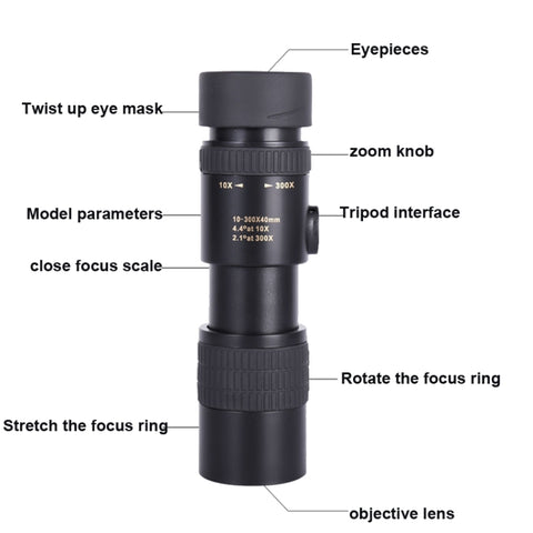 10-300x40 Monocular HD Telescope BAK4 Prism Telescope,Style:, Standard, With Photo Holder+Tripod