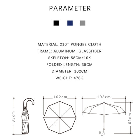PARACHASE Solid Wood Bending Handle 10 Bone Three Fold Automatic Umbrella, Grey, Black, Navy