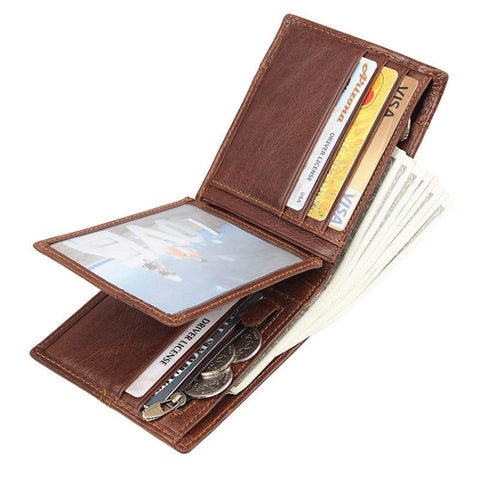 Men Retro Portable Wallet Short Cowhide Leather Wallet, Black, Coffee, Brown