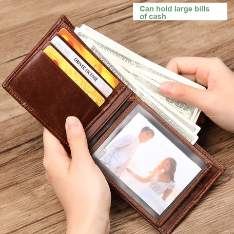 Men Retro Portable Wallet Short Cowhide Leather Wallet, Black, Coffee, Brown