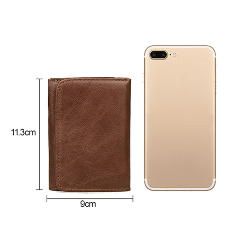 Men Casual Retro RFID Blocking Anti-Scanning Cowhide Leather Short Wallet, Coffee, Chocolate Color, Maroon