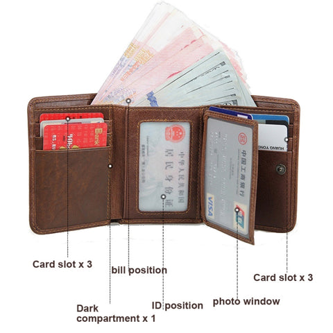 Men Casual Retro RFID Blocking Anti-Scanning Cowhide Leather Short Wallet, Coffee, Chocolate Color, Maroon
