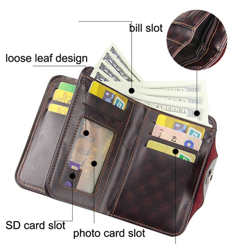 Menbense Short Fashion Leisure Magnetic Buckle Large Capacity 3 Fold Male Wallet, Black, Dark Brown