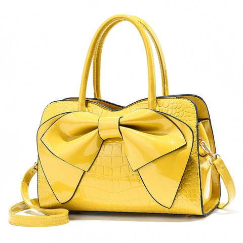 8111 Bow Bright Leather Ladies Handbag, Yellow, Red Wine, Khaki, Blue, Black, Light Green, Pink