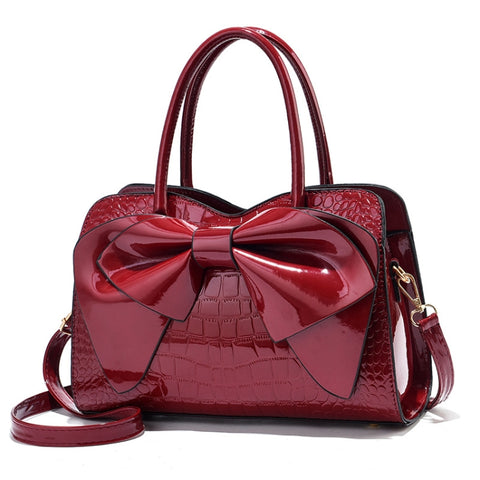 8111 Bow Bright Leather Ladies Handbag, Yellow, Red Wine, Khaki, Blue, Black, Light Green, Pink