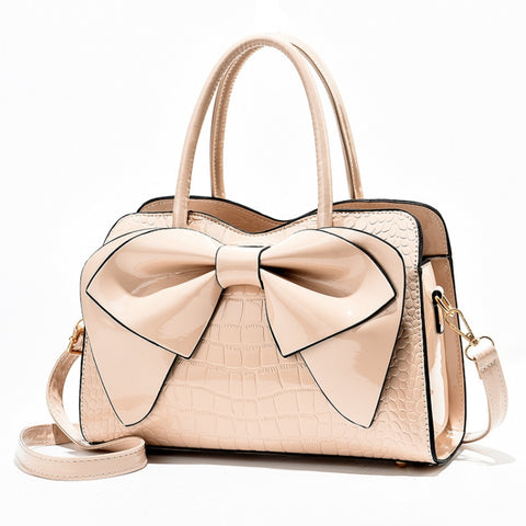8111 Bow Bright Leather Ladies Handbag, Yellow, Red Wine, Khaki, Blue, Black, Light Green, Pink