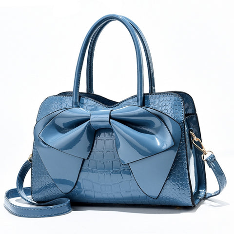 8111 Bow Bright Leather Ladies Handbag, Yellow, Red Wine, Khaki, Blue, Black, Light Green, Pink