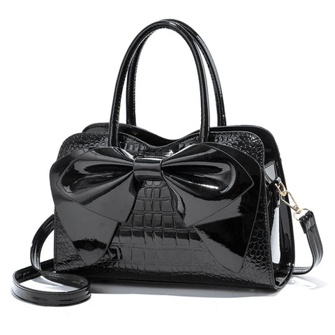 8111 Bow Bright Leather Ladies Handbag, Yellow, Red Wine, Khaki, Blue, Black, Light Green, Pink