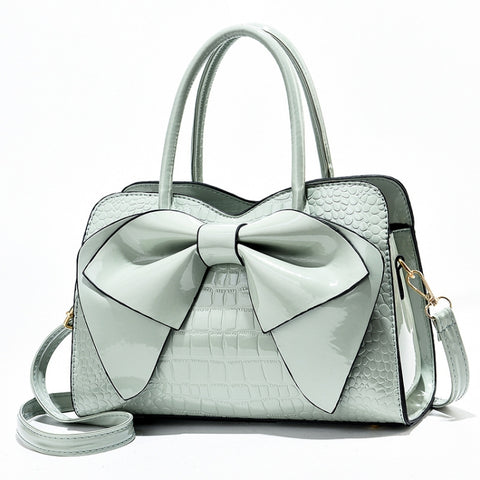 8111 Bow Bright Leather Ladies Handbag, Yellow, Red Wine, Khaki, Blue, Black, Light Green, Pink