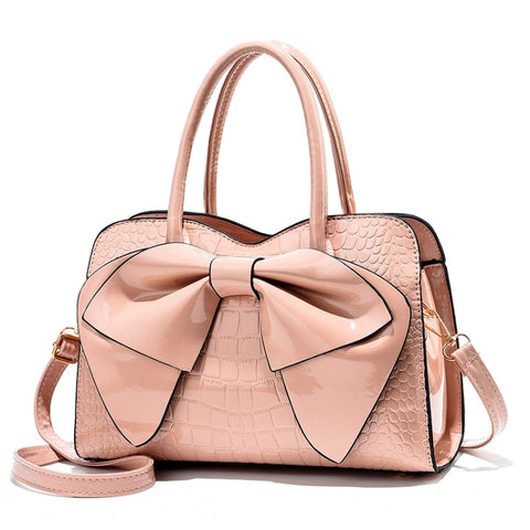 8111 Bow Bright Leather Ladies Handbag, Yellow, Red Wine, Khaki, Blue, Black, Light Green, Pink