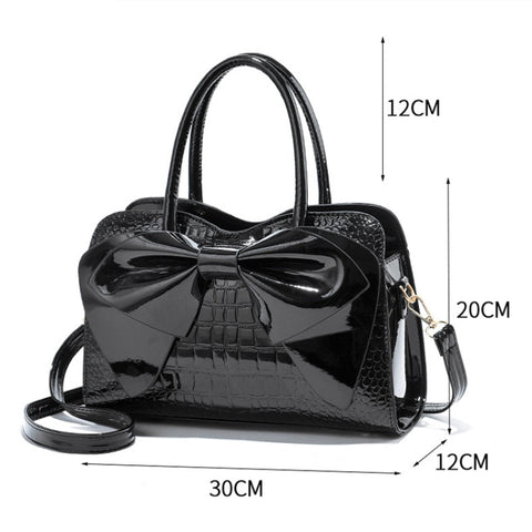 8111 Bow Bright Leather Ladies Handbag, Yellow, Red Wine, Khaki, Blue, Black, Light Green, Pink