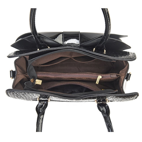 8111 Bow Bright Leather Ladies Handbag, Yellow, Red Wine, Khaki, Blue, Black, Light Green, Pink