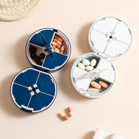 Double-layer Round Eight Grids Portable Medicine Box with Cutter, White, Blue