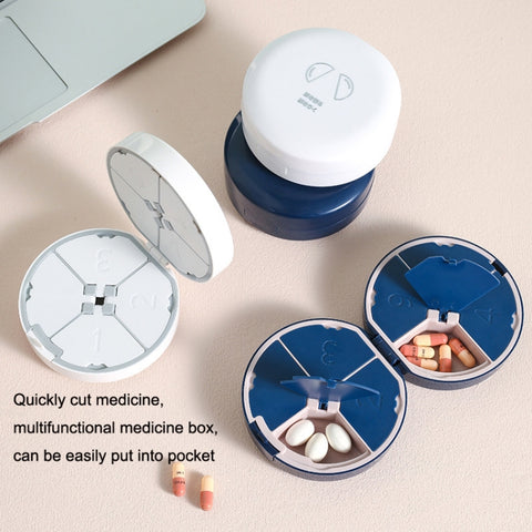 Double-layer Round Eight Grids Portable Medicine Box with Cutter, White, Blue
