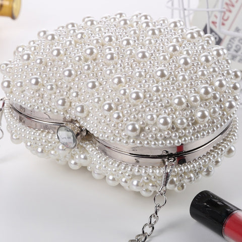 Pearl Evening Bag Ladies Heart Shaped Clutch Single Chain Crossbody Bag, Crossbody Bag