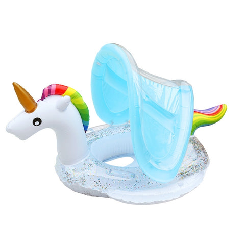 Inflatable Children Swimming Ring with Sunshade Floating Seat, Swimming Ring With Awning( Unicorn), Swimming Ring With Awning(Flamingo)
