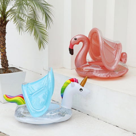 Inflatable Children Swimming Ring with Sunshade Floating Seat, Swimming Ring With Awning( Unicorn), Swimming Ring With Awning(Flamingo)