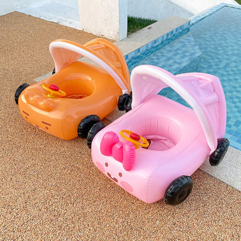 Removable Sunshade Car Shape Inflatable Pool Float Swimming Ring Baby Float Seat, Swimming Ring With Awning(Pink), Swimming Ring With Awning(Yellow)