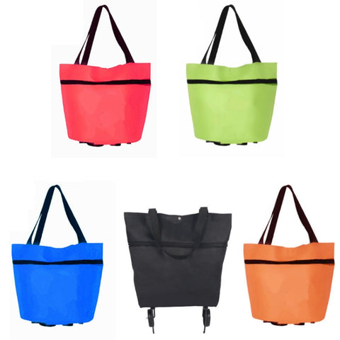 Portable Shopping Cart Foldable Tote With Wheels, Red, Green, Blue, Black, Orange