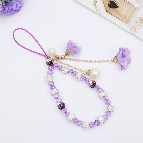 Crystal Mobile Phone Lanyard Girls Ceramic Clay Plaster Flower Bracelet, Blue, Big Red, Purple, Black, White, Pink