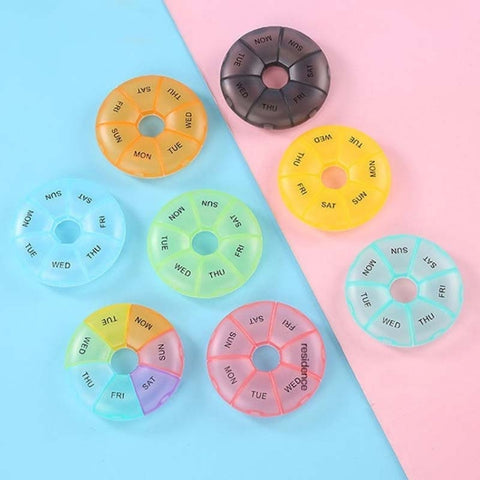 2 PCS Round 7 Days Rainbow Color Portable Pill Box Plastic Seven Grid, Colorful, Black, Light Yellow, Pink, Light Blue, Cyan, Light Green, Orange