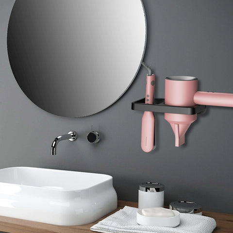 2-in-1 Hair Dryer Wall Mount Bracket Bathroom Shelf, White, Black