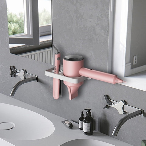 2-in-1 Hair Dryer Wall Mount Bracket Bathroom Shelf, White, Black