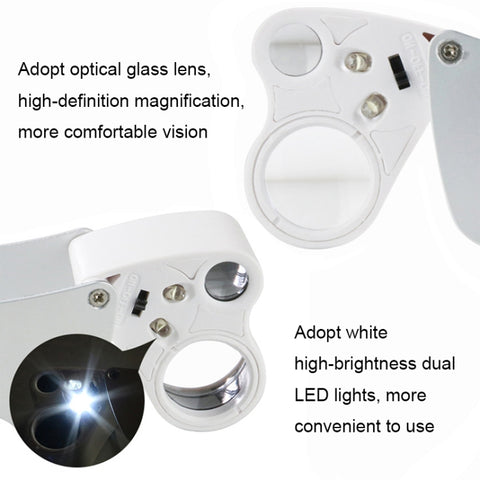 MG9889 30X-60X Mini Dual-Lens Craft Appreciation Magnifying Glass with LED Light, Dual-Lens 30X-60X