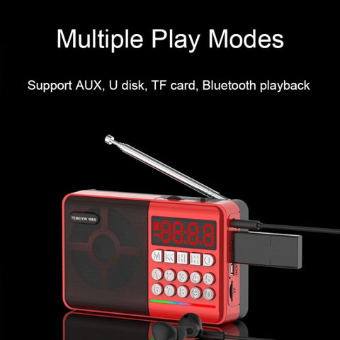 TEMEIYIN LED Digital Display Card Bluetooth Radio Speaker Morning Exercise Portable Player, Red, Red with Light