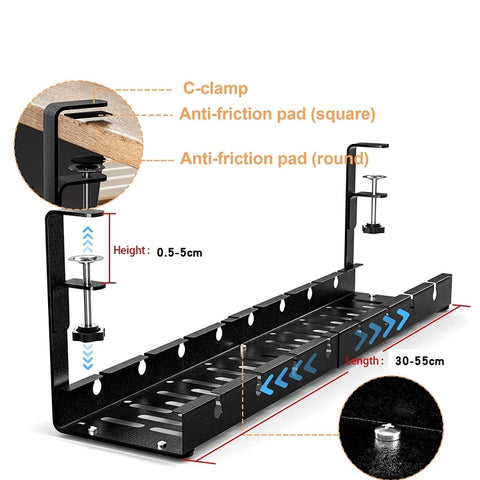 Stretchable Under Desk Cable Management Tray Carbon Steel Cable Organizer Cable Storage Rack, Stretchable Black, Stretchable 30.5-55CM