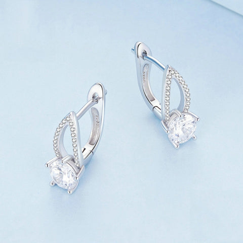Sterling Silver S925 White Gold Plated Zirconia Hollow Line Earrings, BSE732