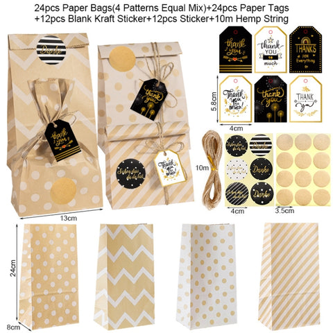 24 In 1 Point Striped Cowhide Paper Bag Retro Thanks Gift Bag Party Bakery Biscuits Candy Bag, 24 In 1 Style 1, 24 In 1 Style 2