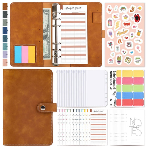H666 A6 Loose-leaf Binder Cash Budget Handbook Vintage PU Leather Notebook with Window, H666 Amber Brown, H666 Treasure Blue, H666 Denim Blue, H666 Retro Green, H666 Taro Purple, H666 Pink, H666 Light Gray, H666 Dark Gray