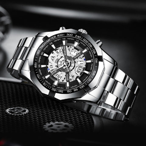 BINBOND S033 Hollowed Mechanical 30m Waterproof Luminous Quartz Watch, Black Steel-Black-White, Black Steel-Black-Gold, Black Steel-Black-Rose Gold, Full Gold-Black-Gold, Black Steel-Rose Gold-Black, Blue Steel-Blue, White Steel-Black, White Steel-White