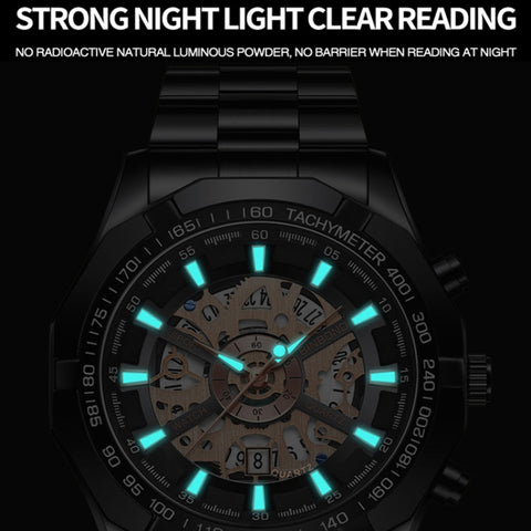 BINBOND S033 Hollowed Mechanical 30m Waterproof Luminous Quartz Watch, Black Steel-Black-White, Black Steel-Black-Gold, Black Steel-Black-Rose Gold, Full Gold-Black-Gold, Black Steel-Rose Gold-Black, Blue Steel-Blue, White Steel-Black, White Steel-White