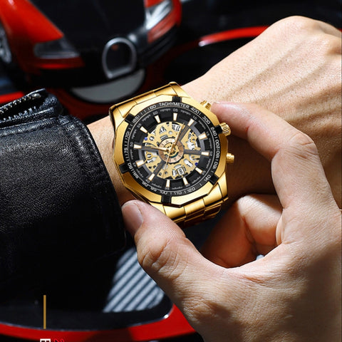 BINBOND S033 Hollowed Mechanical 30m Waterproof Luminous Quartz Watch, Black Steel-Black-White, Black Steel-Black-Gold, Black Steel-Black-Rose Gold, Full Gold-Black-Gold, Black Steel-Rose Gold-Black, Blue Steel-Blue, White Steel-Black, White Steel-White