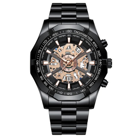 BINBOND S033 Hollowed Mechanical 30m Waterproof Luminous Quartz Watch, Black Steel-Black-White, Black Steel-Black-Gold, Black Steel-Black-Rose Gold, Full Gold-Black-Gold, Black Steel-Rose Gold-Black, Blue Steel-Blue, White Steel-Black, White Steel-White