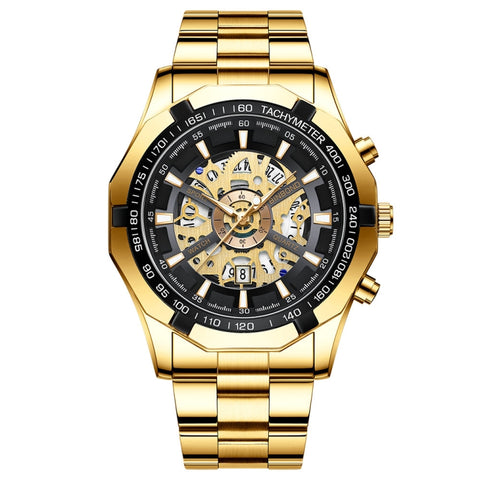 BINBOND S033 Hollowed Mechanical 30m Waterproof Luminous Quartz Watch, Black Steel-Black-White, Black Steel-Black-Gold, Black Steel-Black-Rose Gold, Full Gold-Black-Gold, Black Steel-Rose Gold-Black, Blue Steel-Blue, White Steel-Black, White Steel-White