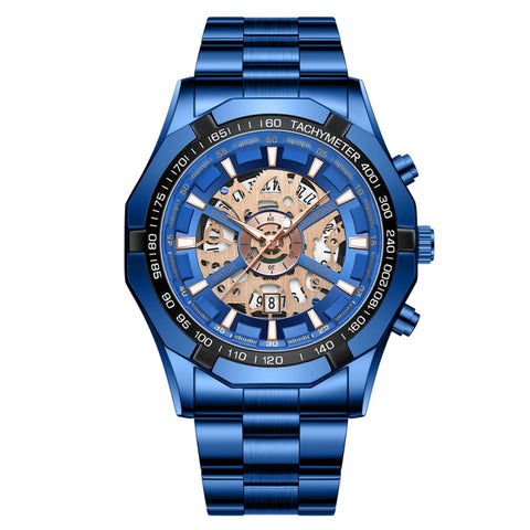 BINBOND S033 Hollowed Mechanical 30m Waterproof Luminous Quartz Watch, Black Steel-Black-White, Black Steel-Black-Gold, Black Steel-Black-Rose Gold, Full Gold-Black-Gold, Black Steel-Rose Gold-Black, Blue Steel-Blue, White Steel-Black, White Steel-White