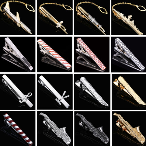 Men Business Formal Wedding Tie Clips, Color: Gold Trumpet, Gold Ship, Gold Trumpet, Gold Treble Symbol, Gold Aircraft, Silver Black, Red Trapezoidal, Red S Shape, Black S Shaped, Silver Treble Symbol, Silver Golf, Silver Wings, Gold Wings             ...