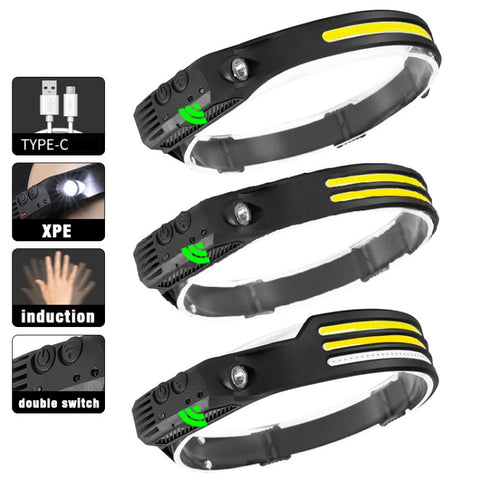 USB Rechargeable Motion Sensor Headlamp COB Outdoor Fishing Flashlight, W689-1 Red+White Light, W689-2 White+Warm Light, W689-3 Red White Warm, W689-2 White Light, W689-3 White Light