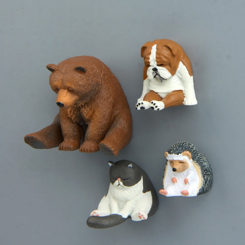 Warm Series Sitting Sleepy Zoo Figure Fridge Magnets, Fat Cat, Hedgehog, Brown Bear, Pug dog